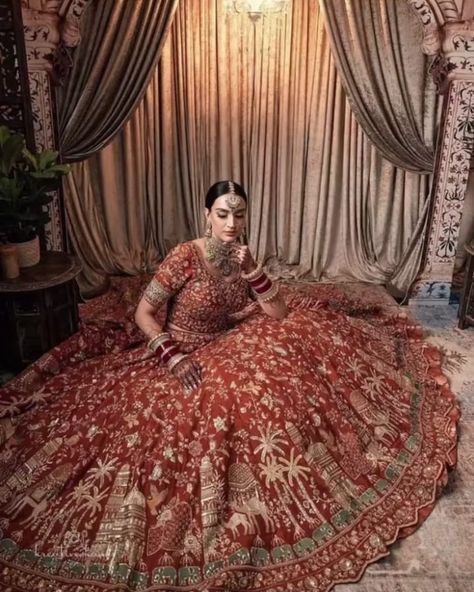 Orange Lehenga Bridal, Orange Wedding Lehenga, Burnt Orange Lehenga, Orange Lehenga, Lehenga Bridal, Bride Photos Poses, Indian Wedding Bride, Couple Wedding Dress, Wedding Lehenga Designs