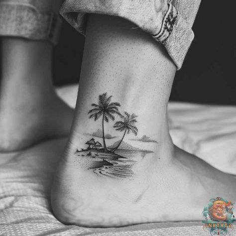 Riding the Waves of Ink: Exploring the Beauty of Beachy Tattoos: 114 Designs - inktat2.com Small Tattoos For Leg, Chosen Tattoos For Women, Key West Tattoo, Strand Tattoo, Beach Theme Tattoos, Tropical Tattoos, Ocean Theme Tattoos, Hawaii Tattoo, Tattoo Sea