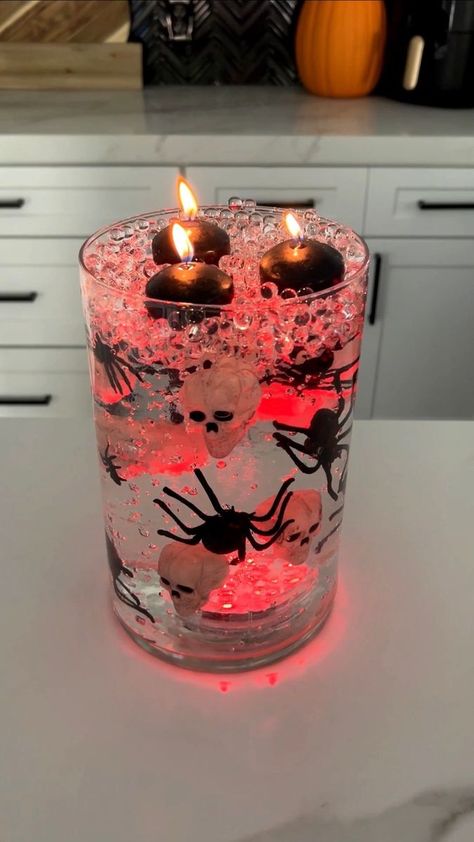 Halloween Vase Decor, Water Beads Centerpiece, Justine Kameron, Easy Halloween Decor, Floating Candle Vase, Halloween Vase, Diy Floating Candles, Lighted Centerpieces, Dollar Tree Halloween