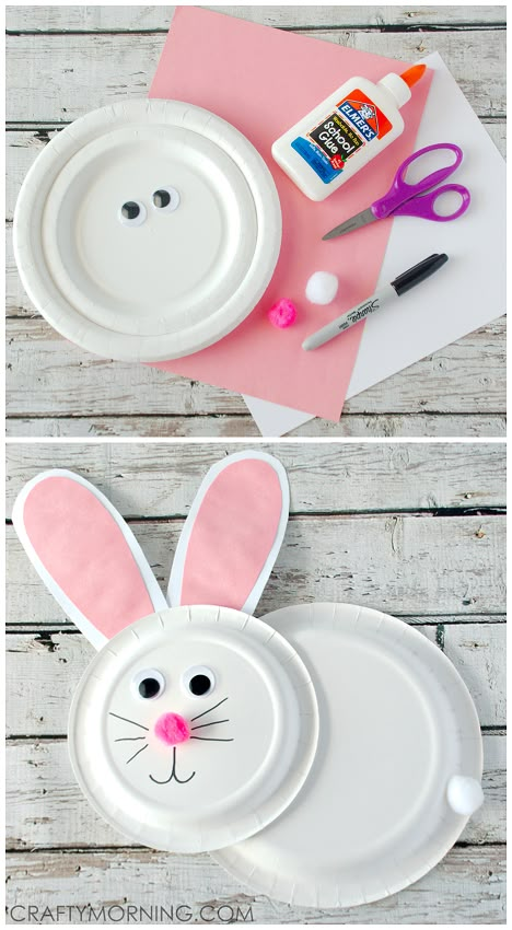 Paper Plate Bunny Rabbit- Cute Easter craft for kids to make! Paper Plate Bunny, Bunny Rabbit Crafts, Easter Craft For Kids, Bunny Craft, Easter Arts And Crafts, Rabbit Crafts, Easter Projects, Daycare Crafts, Paper Plate Crafts