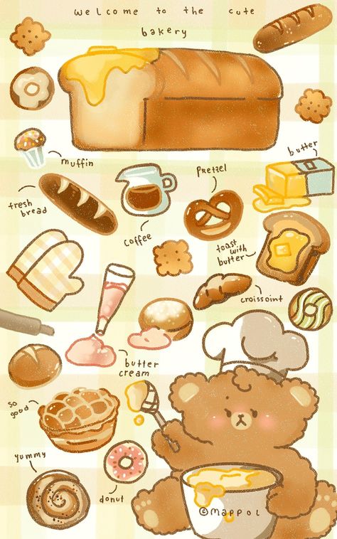 Cute Food Art Drawing Illustrations, Bread Cute Drawing, Bread Aesthetic Drawing, Bear Bakery, Bakery Doodles, Cute Bread Drawings, Bread Character, Kawaii Food Illustration, Bread Illustration