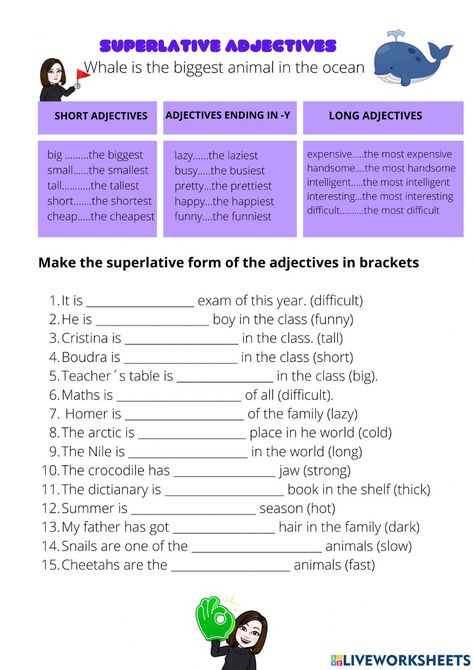 Long Adjectives, Adjectives Exercises, Adjectives Worksheet, Teacher Table, Adjective Worksheet, English Learning Books, Learning Books, Superlative Adjectives, English As A Second Language (esl)