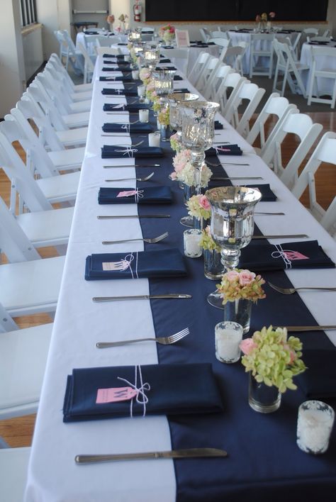 [How to arrange the tables 'simply' but with alot of opportunity to add accent colors?] Navy And Pink Wedding, Navy Blue Wedding Theme, Navy Table, Blue Wedding Decorations, Rustic Wedding Decorations, Yosemite Wedding, Blue Themed Wedding, Table Runners Wedding, Navy Blue Wedding