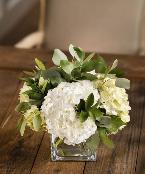 table centerpiece  mdd Carithers Hydrangea & Foliage Event Centerpieces turn any gathering into a party!  Our Hydrangea cubes featuring southern full-bloom hydrangea with seasonal foliage and eucalyptus. Modern Centerpiece Ideas, Modern Simple Centerpieces, Hydrangea Table Decorations, Simple Elegant Floral Centerpieces, Cost Effective Centerpieces, Flower Centerpieces Round Tables, Fake Flower Table Centerpieces, Centerpiece Dinner Table, Wedding Table Decorations Hydrangea Floral Arrangements