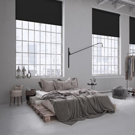 Industrial Minimalist Bedroom, Cordless Roller Shade, Privacy Shades, Room Cooler, Bedroom Minimalist, Industrial Minimalist, Industrial Bedroom, Solar Shades, Interior Windows