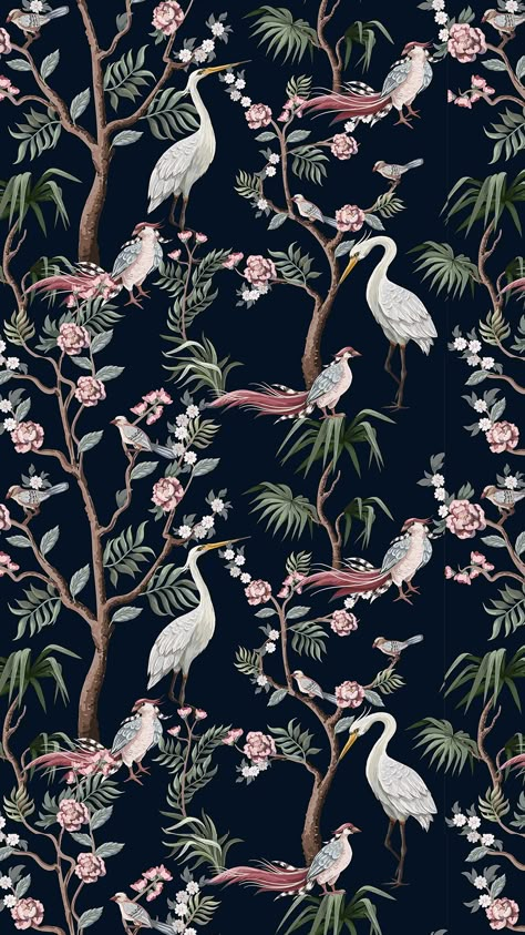 Chinoseries Art, Indian Wallpaper, Body Background, Studio Wallpaper, Black Floral Wallpaper, Statement Walls, Woodland Illustration, Black And White Birds, Wallpaper Panel