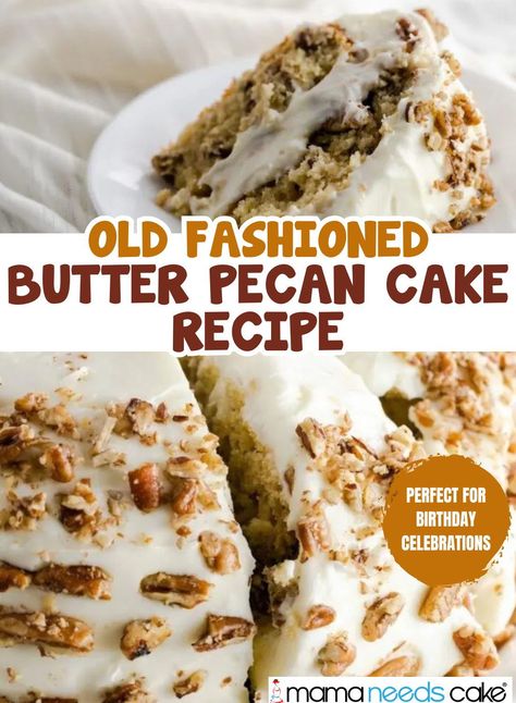 A delectable treat, this Old Fashioned Butter Pecan Cake is a classic Southern dessert. Toasted pecans are mixed into the batter for a delightful nutty flavor. Icing this cake is a luscious cream cheese frosting decorated with chopped and toasted pecans. This old-fashioned cake has become a crowd-pleaser at potlucks, holiday feasts, and even birthday celebrations. Butter Cream Cream Cheese Frosting, Butter Pecan Cake With Cream Cheese, Pecan Cream Cake, Butter Pecan Cake With Cream Cheese Frosting, Butter Pecan Cake Mix Recipes Boxes, Butter Pecan Cake Mix Recipes, Butter Pecan Icing, Pecan Praline Buttermilk Pound Cake, Old Fashioned Cakes