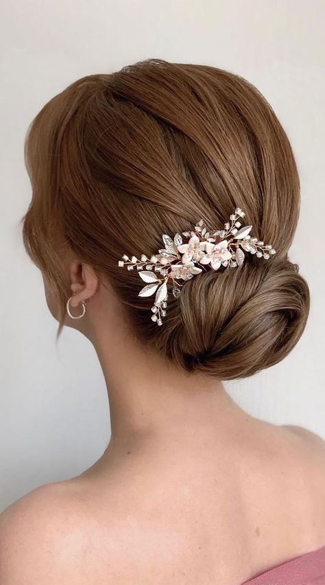 40. Elegant formal updo A stunning formal hair idea for shoulder length. The hair is styled into a gorgeous low bun design. This look... Bridal Updo Shoulder Length Hair, Ball Hairstyles Shoulder Length, Low Bun Wedding Hair Side Part, Shoulder Length Formal Hairstyles Updo, Formal Updos For Medium Length Hair Wedding, Low Side Bun Wedding Hair, Fancy Low Bun, Shoulder Length Formal Hairstyles, Formal Updo