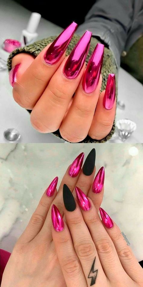 Neon Chrome Nails Designs, Pink And Purple Chrome Nails, Blue Chrome Nails With Design, Black Nails With Pink Chrome, Bright Pink And Black Nails, Chrome Neon Nails, Chrome Coffin Acrylic Nails, Chrome Pink Nails Designs, Neon Pink Chrome Nails