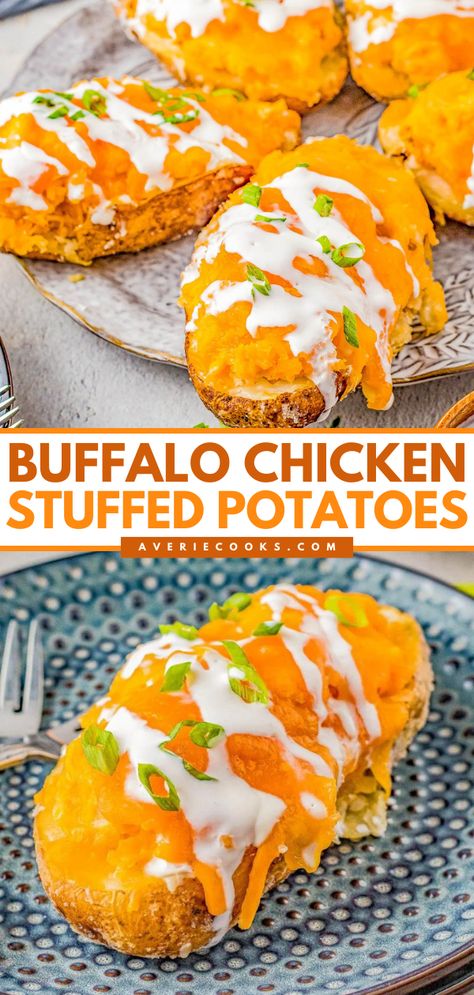 Get ready for these stuffed potatoes! They're a crowd-pleasing appetizer recipe. Chock full of shredded buffalo chicken, cheeses, and more, these baked potatoes are such a good game day food idea. Put them on your football party menu! Chicken Stuffed Potatoes, Chicken Cheddar, Shredded Buffalo Chicken, Chicken Potato Bake, Stuffed Potatoes, Herb Roasted Potatoes, Baked Potato Casserole, Buffalo Chicken Wings, Chicken Stuffed