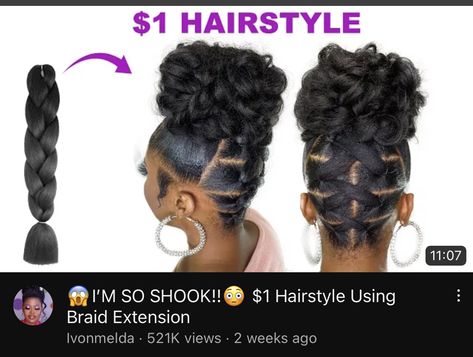 Updos Using Braiding Hair, Two Braids Updo, Updo Hairstyles With Braiding Hair, Natural Diy Hairstyles For Black Women, Updos With Braiding Hair, 4c Hairstyles Ponytail, Easy Updo With Extensions, Quick Updo Hairstyles For Black Women, Natural Hair Styles With Braiding Hair