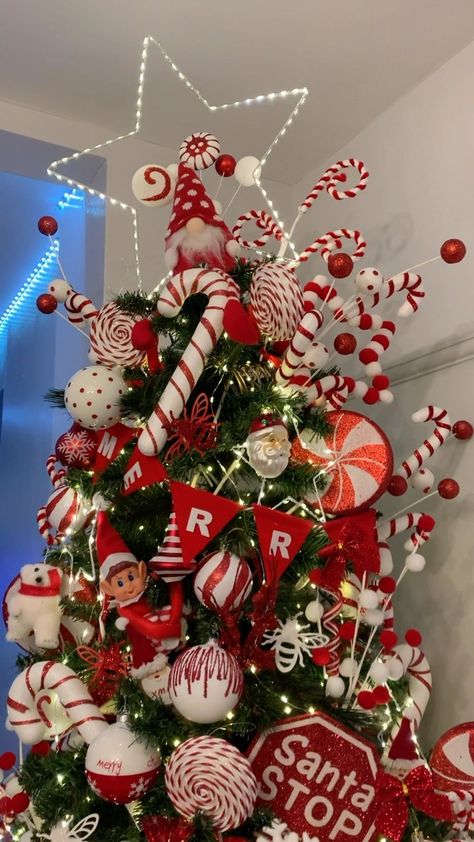 Stacy, Dan & William | Tree numero two! Candy cane in Williams bedroom With this one I changed it slighting this year after getting a massive star from… | Instagram Candy Cane Christmas Lights, Different Christmas Themes, Candy Cane Theme Christmas Tree, Candy Cane Themed Christmas Tree, Christmas House Decor Ideas, Candy Canes Decorations, Christmas Tree Ideas For Kids, Christmas Candy Tree, Candy Cane Christmas Decorations