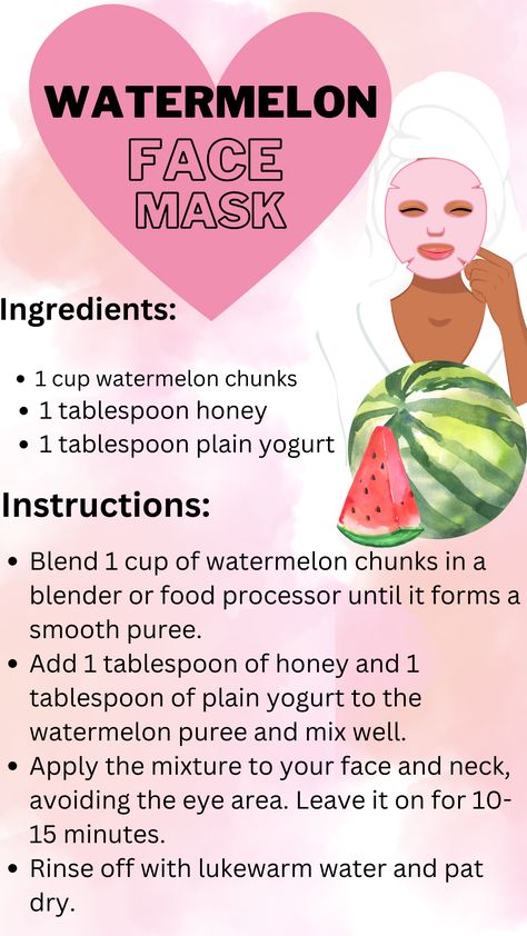 Watermelon Face Mask, Face Mask Ingredients, Watermelon Face, Homemade Hair Treatments, Clear Healthy Skin, Homemade Hair, Natural Face Skin Care, Face Spray, Infinity Tattoos