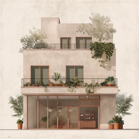 An absolute beauty 🏡 This time I wanted to experiment with illustration and collage styles and these were the results I achieved. I’m speechless / in love with these AI samples! 👉🏻 Let me know which of these 3 you liked the most? Beauty Shop Ideas, Shop With Apartment, Architecture Mood Board, Elevation Illustration, Small House Exterior Design, Facade Design Architecture, Architect Aesthetic, Architecture Rendering Photoshop, Architecture Sections