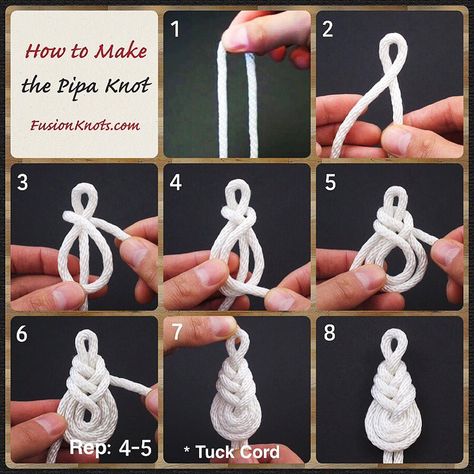 Pipa Knot - Step-by-Step (image) Instructions - Written instructions feat. in my book, Decorative Fusion Knots. Available now on Amazon.… Simpul Makrame, Pola Macrame, Decorative Knots, Paracord Diy, Macrame Knots Tutorial, Makramee Diy, Paracord Knots, Knots Diy, Knots Tutorial