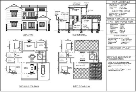 Residential building with detailed plan section elevation specifications with plinth area carpet area floor area with in the A3 plot. CARPET AREA DETAILS: GROUND FLOOR - 100.43 Sqmt FIRST FLOOR - 56.45 Sqmt TOTAL - 156.88 Sqmt SPECIFICATIONS: Foundation & Basement - R.R in C.M 1:8 Plastering walls - C.M 1:4, 12mm thick Plastering ceiling - C.M 1:3, 12mm thick Super Small House Design Floor Plan, Residential Building Plan, Building Design Plan, 2bhk House Plan, Indian House Plans, Elevation Plan, Building Foundation, Residential Building Design, Small House Elevation Design