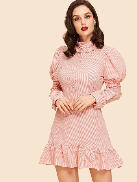 Beautiful Sleeves, Leg Of Mutton Sleeve, Striped Fabrics, Sleeve Designs, Women Dresses, Pink Fashion, Ruffle Hem, Dress P, Shift Dress