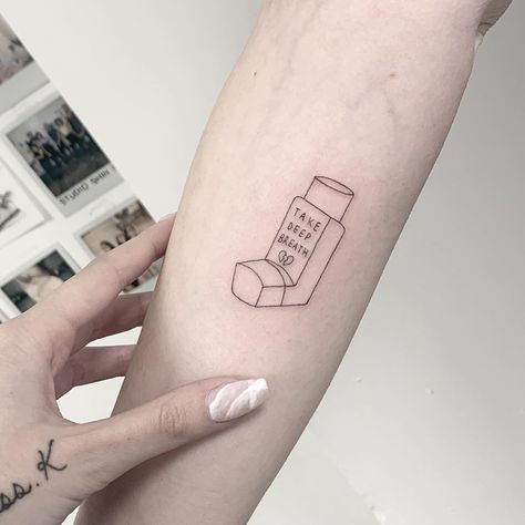 Asthma inhaler tattoo by Sara Kori Your City Gave Me Asthma Tattoo, Respiratory Tattoo Ideas, Asthma Tattoo Ideas, Asthma Tattoo, Medicine Tattoo Ideas, Inhaler Tattoo, Asthma Spray, Practice Tattoos, Cactus Tattoos