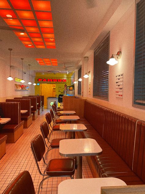 1980s Restaurant Interior, 70s Restaurant Aesthetic, Kopitiam Aesthetic, 70s Cafe Aesthetic, 70s Cafe, Burger Restaurant Design, Aesthetic Entrance, Tattoo Home, Diner Aesthetic