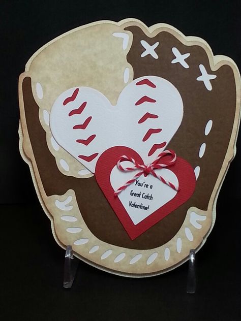 Baseball glove shaped Valentines card using Cricut Sports Mania and Spellbinder heart dies. Baseball Valentine, Love You Boyfriend, Heart Baseball, Valentine Baskets, Anniversary Cards For Husband, Using Cricut, Women Photography, Valentines Card, Falling In Love Again