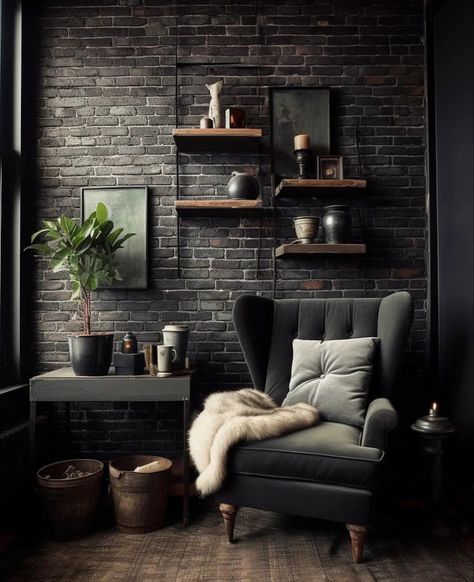 Dark Living Room Ideas, Brick Wall Bedroom, Brick Wall Ideas, Brick Living Room, Brick Room, Brick Accent Wall, Black Brick Wall, Interior Brick, Brick Interior Wall