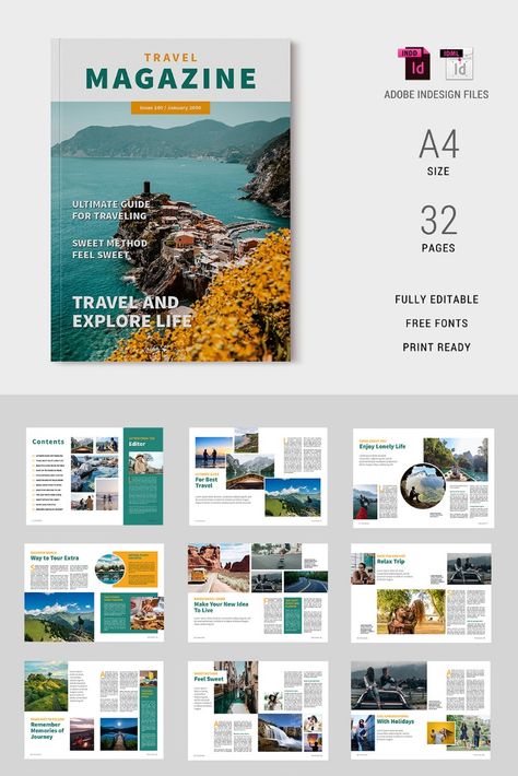 Travel Magazine Template 06 Digital Magazine Layout, Travel Magazine Design, Travel Magazine Layout, Company Profile Design Templates, Magazine Design Cover, Brochure Design Layouts, Id Magazine, Newspaper Layout, Business Brochure Design