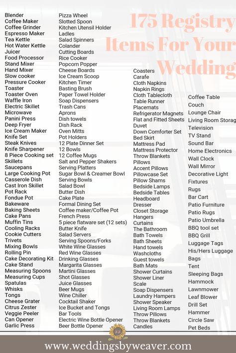 Top 175 Items for Your Wedding Registry — Weddings By Weaver Bridal Registry Checklist, Wedding Registry Essentials, Wedding Registry List, Bridal Shower Registry, Wedding Registry Checklist, Best Wedding Registry, Wedding Registry Items, Home Weddings, Registry Checklist