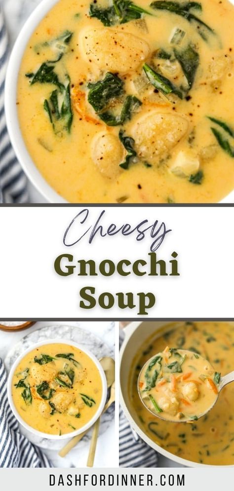 This gnocchi soup recipe features tender aromatic vegetables, a creamy broth, and plenty of added cheese. It's the perfect comfort food soup for a chilly Fall or Winter evening, and is family-approved. It's like mac and cheese - in a bowl of soup! Best of all, it's a one pot dinner that makes clean-up a breeze and is ready in less than 30 minutes. Loaded Gnocchi Soup, Gnocchi Soup No Meat, Creamy Garlic Soup, Meals With Gnocchi, Cheese Gnocchi Recipes, Thick Soup Recipes, Gnocchi Soup Recipes, Gnocchi Recipes Healthy, Cheesy Gnocchi