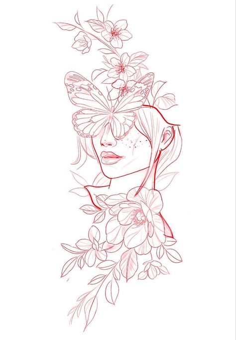 Butterfly Women Tattoo, Floral Lady Tattoo, Woman And Flowers Drawing, Back Tattoo Women Sketch, Butterfly Lady Head Tattoo, Tattoos Of Women Faces, Woman Butterfly Face Tattoo, Girly Sleeve Tattoo Ideas, Womens Face Tattoo Design