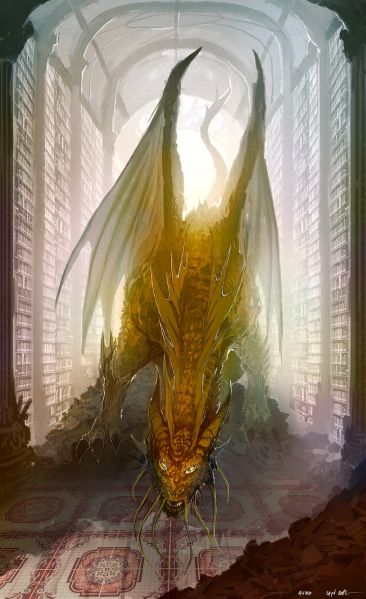 dragon in the library Golden Dragon Fantasy Art, Ancient Gold Dragon Dnd, Powerful Dragon Art, Gold Dragon Fantasy Art, Yellow Dragon Art, Ancient Gold Dragon, Gold Dragon Art, Dragon Hoarding, Golden Dragon Art