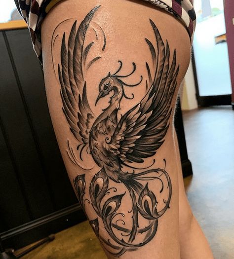 Renewal, Rebirth, Restart - Phoenix Tattoo Guide for 2021 - Tattoo Stylist Tato Phoenix, Side Tattoos Women, Phoenix Tattoo Feminine, Phoenix Bird Tattoos, Hip Thigh Tattoos, Phoenix Tattoo Design, Hip Tattoos Women, Thigh Tattoos Women, Phoenix Tattoo