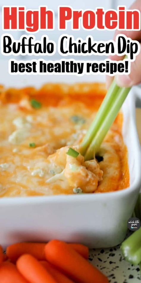 Buffalo Chicken Dip with Greek Yogurt and Cottage Cheese - Whole Lotta Yum Boiled Chicken Breast Recipes, Healthy Buffalo Chicken Dip Recipes, Yogurt Bake, Dip With Greek Yogurt, Whole Lotta Yum, Healthy Buffalo Chicken Dip, Chicken Cottage, Cottage Cheese Dips, Chicken Dip Recipe