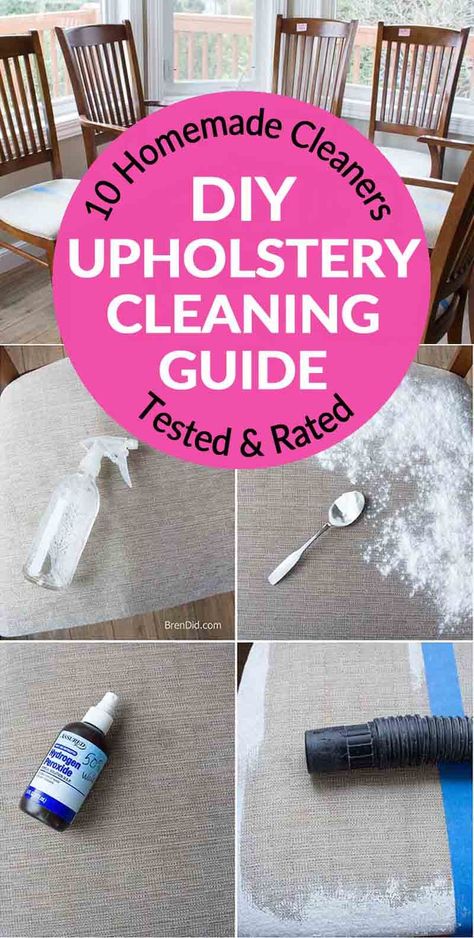 Need to clean your home or car upholstery? I tested 10 homemade upholstery cleaner tutorials to find the best solution. The winning mix is an all-natural cleaner that works well and removes upholstery stains with only 3 simple ingredients. Plus I’ll reveal the best dry upholstery cleaner and best upholstery stain remover. #upholsterycleaner #upholstery #carupholstery #fabriccleaner #naturalcleaner #greencleaning #nontoxiccleaning #bestupholsterycleaner #brendid Homemade Upholstery Cleaner, Diy Upholstery Cleaner, Diy Upholstery, All Natural Cleaners, Deep Cleaning Hacks, Casa Clean, Cleaning Painted Walls, Cleaning Guide, Deep Cleaning Tips