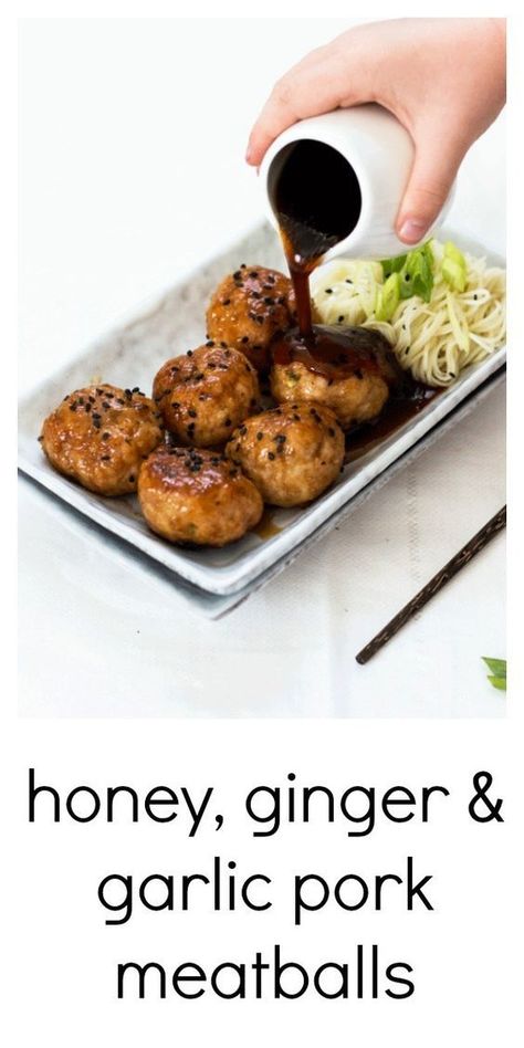 Honey Ginger and Garlic Pork Meatballs are sticky little balls of flavor the whole family will love. Baked, not fried, and they even make their own super sticky sauce right there when they are baking - perfect for pouring over some noodles when serving up. #porkmeatballs #porkmeatballsrecipe #porkmeatballsasian #bakedporkmeatballs #groundporkmeatballs Minced Pork Meatballs, Chinese Pork Meatballs, Baked Pork Meatballs, Pork Meatballs Recipe, Ground Pork Meatballs, Pork Mince Recipes, Meatballs Baked, Sticky Sauce, Garlic Pork