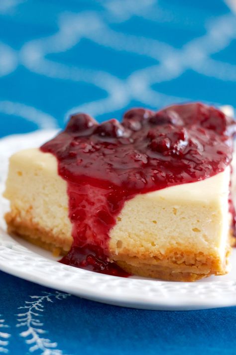 Classic cheesecake topped with four type of berries – blueberry, strawberry, blackberry, and raspberry. If these berries are not available, feel free to use and combine any fresh or frozen berries for the sauce. Berry Sauce For Cheesecake, Berries Sauce, Sauce For Cheesecake, Mixed Berry Sauce, Tea Breads, Cheesecake Photos, Roasted Grape Tomatoes, Crispy Sweet Potato Fries, Mini Carrots