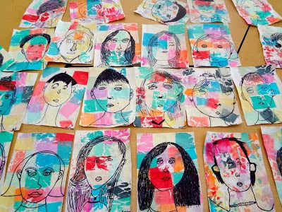 Paul Klee inspired self-portraits. Done in sharpies, with correct proportions - then with color bleeding tissue paper added on top, and later removed. Photo & idea from thetalkingwallsmurals.blogspot Matisse Art Project, Self Portrait Art, Tissue Paper Art, Paul Klee Art, Face Proportions, Art Project For Kids, 2nd Grade Art, Portrait Face, 4th Grade Art