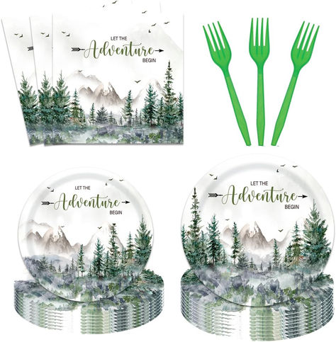 96 Pieces Let The Adventure Begin Tableware Set Party Supplies Adventure Awaits Baby Shower Dessert Plates Napkins Forks for 24 Guests Mountain Forest Woodland Travel Birthday Party Favors #ad #lettheadventurebegin Camping First Birthday, One Happy Camper Birthday, Camping Party Decorations, Camping Theme Birthday, Baby Shower Plates, One Happy Camper, Adventure Awaits Baby Shower, Adventure Baby Shower, Camping Birthday Party