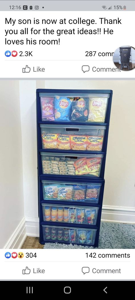 Snacks For College Dorms, Snack Bin Ideas For Room, College Snack Storage, Diy Living Room Organization, Snack Storage Ideas Dorm Room, Healthy College Snacks Dorm Food Mini Fridge, Snack Closet Ideas, Work Snack Drawer Ideas, Snack Drawer Organization Ideas