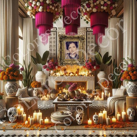 🕯️♥️Would you like to HONOR your LOVED ONES IN AN “Altar” as this one & SHARE with friends & family? (My Beautiful Grandmother Velia 🥰♥️) Purchase our founders @gilherrera digital renderings of “Dia de Muertos” altar: A total of 4 different Altar Renderings for $4.99 EXCLUSIVELY at CoLoresDecor.com *How To VIDEO & Instructions for adding your loved ones picture will be included with purchase (VERY EASY!🥰) (DISCLOSURE: WATERMARK WILL BE GONE WHEN YOU PURCHASE AND ITEMS EMAILED FOR PERSONAL... Home Decor Copper, Dia De Los Muertos Decorations Ideas, Hacienda Wedding, Altar Ideas, Tortilla Warmer, Digital Rendering, Bar Tool Set, Statement Chandeliers, Handmade Hair Clip