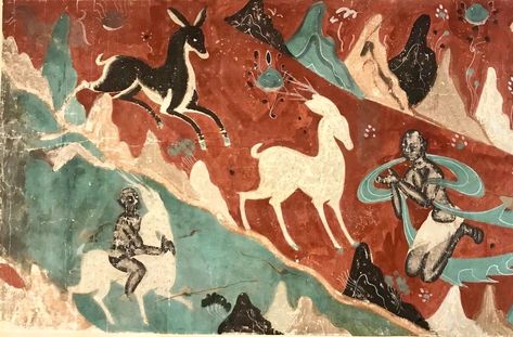 AD 386-534 Northern Wei mural of the Sacred Nine-colored Deer Jataka. Mogao cave 257, Dunhuang. Dunhuang Research Academy. Cultural Patterns, Dunhuang, Deer Art, Cave Paintings, Chinese Art, Moose Art, Deer, Mural, Paris