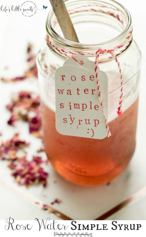 Rose Water Simple Syrup is a sweet, rose-scented syrup that you can add to mix drinks and other recipes. #rose #rosewater #simplesyrup #sugar Rose Water For Cooking, Water Flavor Ideas, How To Make Rosewater, Rose Syrup Recipe, Making Rose Water, Tequila Mixed Drinks, Recipes Sauces, Easy Mixed Drinks, Spreads Recipes