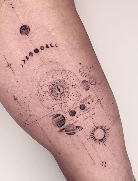 Space Arm Band Tattoo, Space Theme Tattoo Ideas, Planetary Tattoo, Space Tattoo Ideas For Men, Constellation Tattoo Sleeve, Birth Chart Tattoo, Astral Tattoos, Schematic Tattoo, Entropy Tattoo