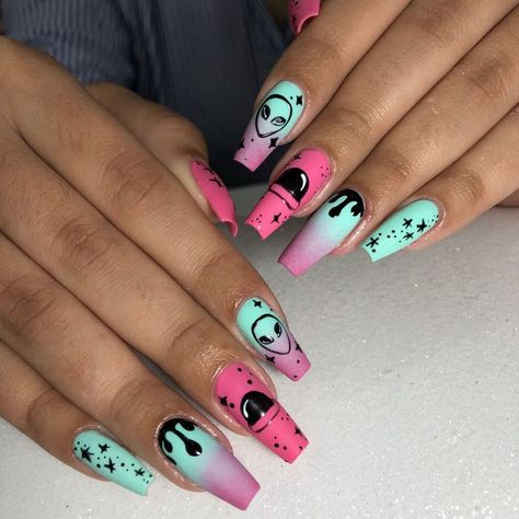 #halloween #nails #nailart #ideas #ideas #fashion #recipe #crochet #1 #aesthetic #shopping Monster Nail Art, Hippy Nail Designs, Space Nails Galaxy, Edc Nails Designs, Space Themed Nails, Outer Space Nails, Alien Nails Design, Ufo Nails, Trippy Nail Designs