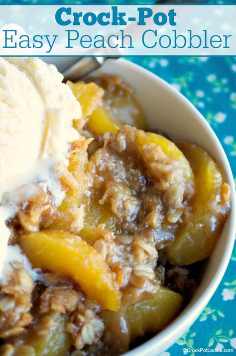 Crock-Pot Easy Peach Cobbler - Transform fresh or frozen peaches into a delicious dessert in this recipe for slow cooker easy peach cobbler. This cobbler tastes great alone but top it with a scoop of vanilla ice cream or whipped cream to take it over the top! [Vegetarian] #CrockPotLadies #CrockPot #SlowCooker #Desserts #Recipes #Cobbler #EasyRecipes Crock Pot Easy, Crockpot Peach Cobbler, Slow Cooker Easy, Easy Peach Cobbler, Easy Peach Cobbler Recipe, Frozen Peaches, Peach Cobbler Easy, Crock Pot Desserts, Slow Cooker Desserts