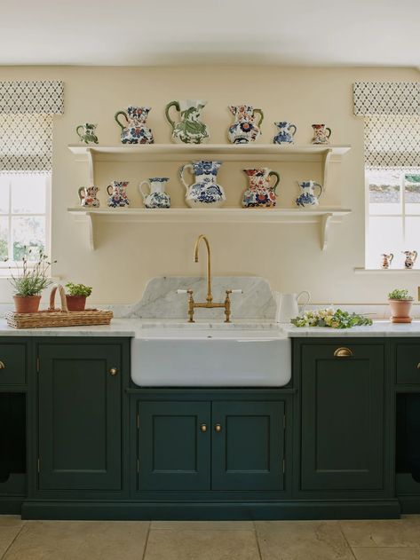 A handsome Georgian rectory in Hampshire with contemporary country interiors by Tamsyn Mason | House & Garden Cornishware Kitchen, Georgian Rectory, Antique Welsh Dresser, Georgian Kitchen, Fireplace Fender, Country Interiors, Thick Curtains, Layered Curtains, Modern Extension