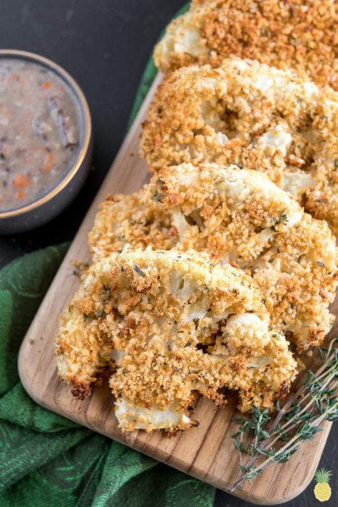 50 Easy Vegan Christmas Recipes - Sweet Simple Vegan Breaded Cauliflower Steaks, Breaded Cauliflower Baked, Thanksgiving Cauliflower, Breaded Cauliflower, Cauliflower Baked, Thanksgiving Entree, Holiday Entrees, Healthy Breakfast Bowl, Recipe Inspirations