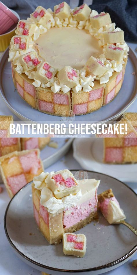 Battenburg Cheesecake Recipe, Jane Patisserie Cheesecake, Cheesecake Birthday Cakes, Battenburg Cheesecake, Janes Patisserie Cheesecake, Battenberg Cheesecake, Party Cheesecake, Battenberg Cake, Easter Cheesecake