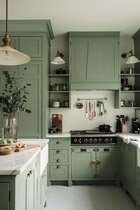 Green Kitchen Color Scheme, Green Kitchen Wallpaper, Modern Green Kitchen, Kitchen With Green Cabinets, Kitchen Color Scheme, Green Kitchen Ideas, Popular Kitchen Colors, Olive Green Kitchen, Green Kitchen Decor