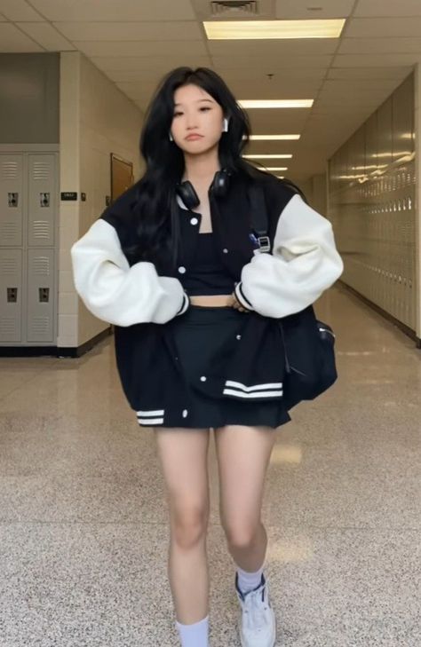 Korean Baddie Outfits, Baddie Korean Outfits, Cute Sporty Outfits Korean, Asian Baddie Aesthetic Outfits, Designer Aesthetic Outfits, Sports Korean Outfit, Tennis Skirt Outfit Street Style Korean, Baseball Jacket Outfit Korean, Korean Sporty Outfits