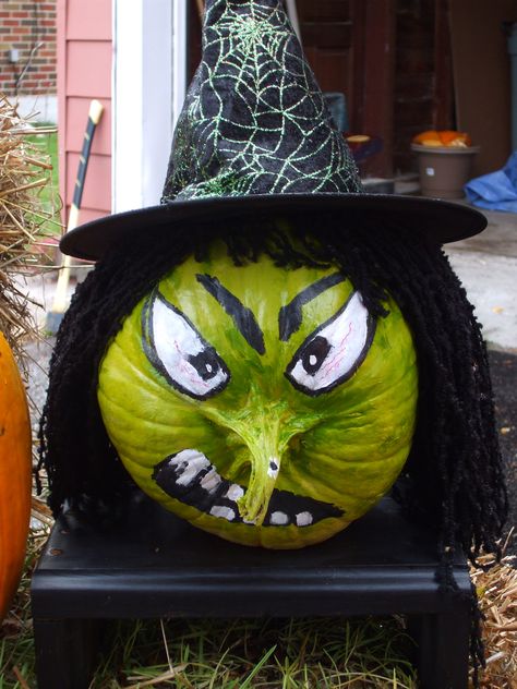 2011  Erika Harris Witch Pumpkin Painting Ideas, Painted Witch Pumpkin, Pumpkin Painting Witch Face, Witch Painting Pumpkin, Pumpkin Witch Painting, Painted Pumpkin Witch, Painted Witch Face Pumpkin, Wicked Witch Pumpkin, Green Pumpkin Painting Ideas